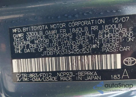 2008 Toyota Yaris z USA, uszkodzony, nr VIN JTDBT903484020531